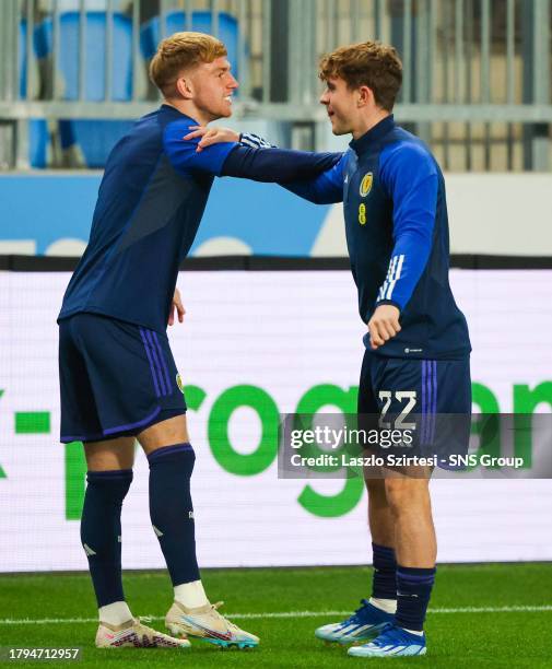 Scotland's Kai Fotheringham and Finlay Robertson during a UEFA Euro Under-21 qualifier between Hungary and Scotland at the Hidegkuti Nandor Stadion,...