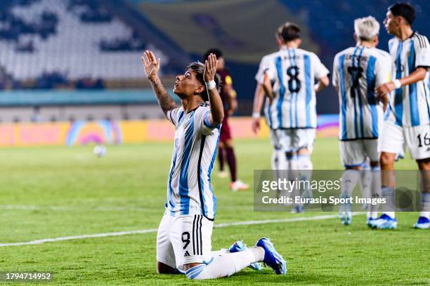 Agustin Ruberto of Argentina celebrates his second goal during FIFA U-17 World Cup Round of 16 match between Argentina and Venezuela at Si Jalak...