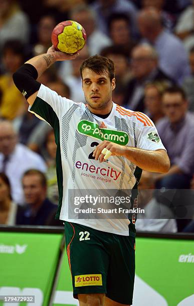 Vasko evaljevic of Hannover in action during the DKB Bundesliga handball match between Flensburg Handewitt and TSV Hannover-Burgdorf at the Flens...