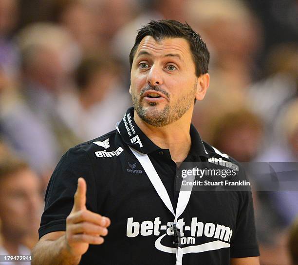 Ljubomir Vranjes, head coach of Flensburg gestures during the DKB Bundesliga handball match between Flensburg Handewitt and TSV Hannover-Burgdorf at...