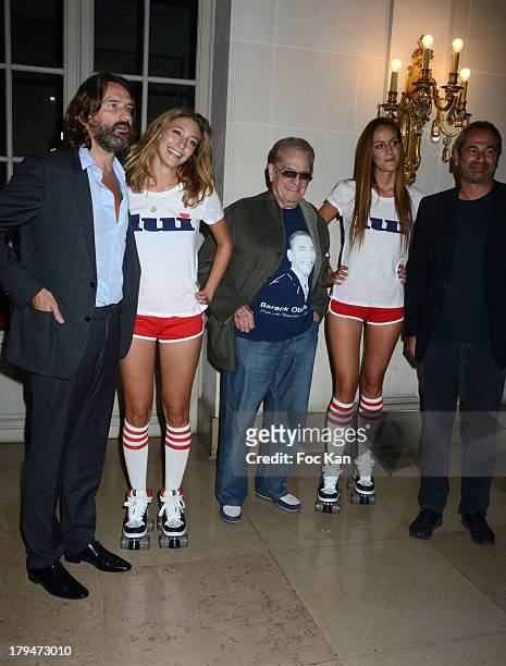 Frederic Beigbeder, Daniel Filipacchi , Jean Yves Le Fur and hostesses attend the Lui Magazine Launch Party at 34 Avenue Foch on September 3, 2013 in...