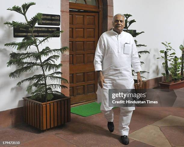 Leader Yashwant Sinha comes out after a meeting with Union ministers P Chidambaram and Kamal Nath at Parliament house during ongoing Parliament...