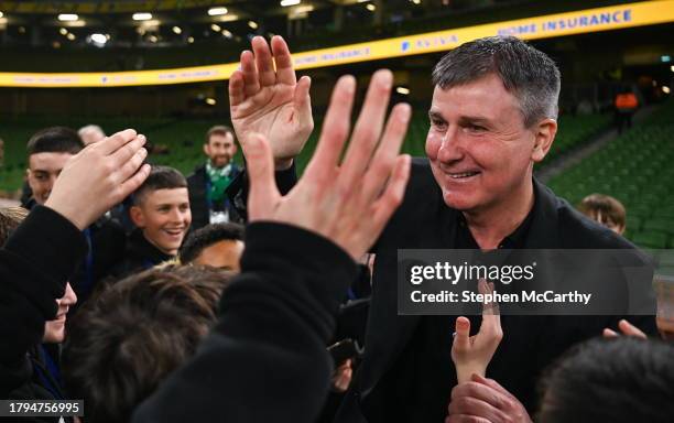 Dublin , Ireland - 21 November 2023; Republic of Ireland manager Stephen Kenny meets ballkids from St. Kevin's Boys before the international friendly...