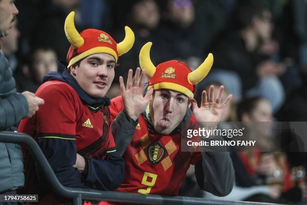 Belgium's supporters pictured at the start of the match between the U21 youth team of the Belgian national soccer team Red Devils and the U21 of...