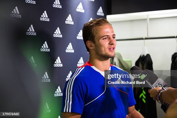 Silver medalist at the World Judo Championship in Rio de Janeiro, Ugo Legrand of France speaks to the media at Adidas Performance Store...