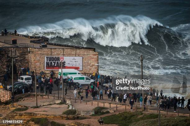 Hundreds of spectators are gathering at the Nazare lighthouse in Nazare, Portugal, on November 5 to take advantage of the forecasted giant waves....