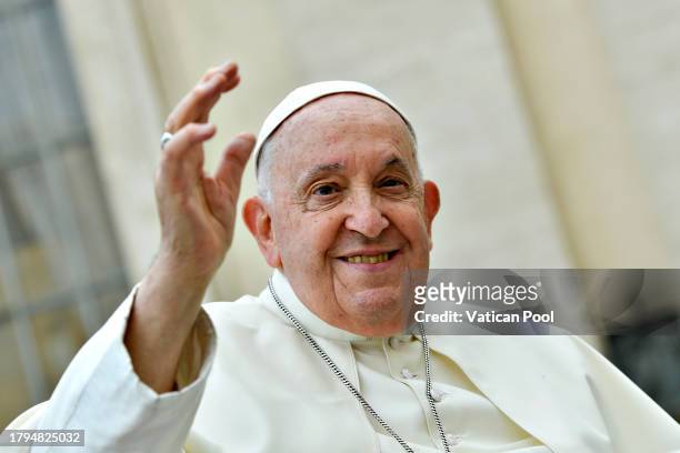 Pope Francis attends his weekly General Audience at St. Peter's Square on November 15, 2023 in Vatican City, Vatican. As has now become customary at...