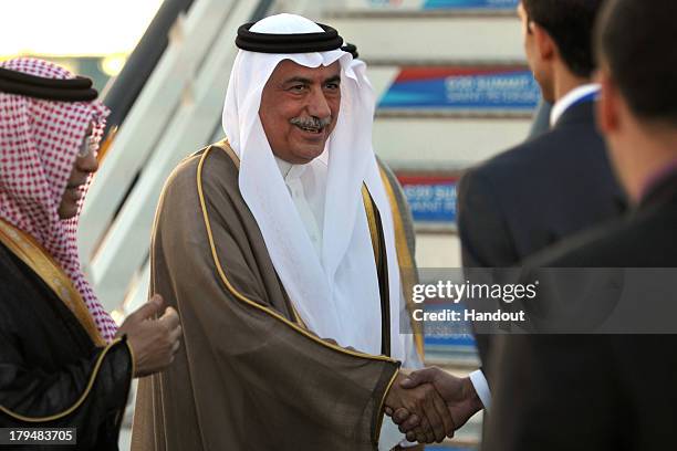 In this handout image provided by RIA Novosti, Finance Minister of Saudi Arabia Ibrahim bin Abdulaziz Al-Assaf arrives in Russia ahead of the G20...