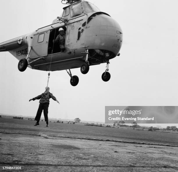 Royal Air Force Coastal Command Westland Whirlwind helicopter on a 'search and rescue' drill, September 20th 1956.