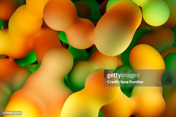 abstract bright green, orange color and yellow background. colorful 3d lava lamp, blob pattern. design element, illustration. - sphère 3d photos et images de collection