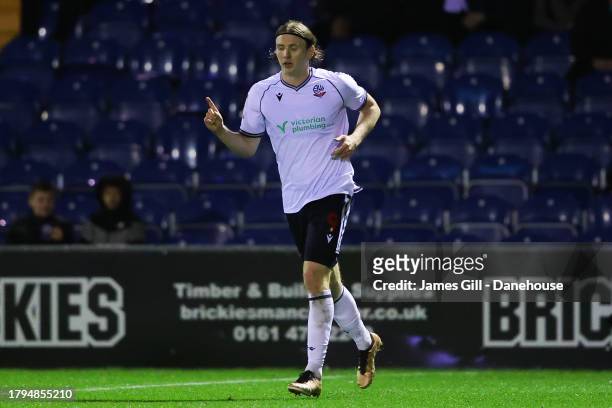 Jon Dadi Bodvarsson of Bolton Wanderers celebrates after scoring his side's second goal during the EFL Trophy match between Stockport County v Bolton...