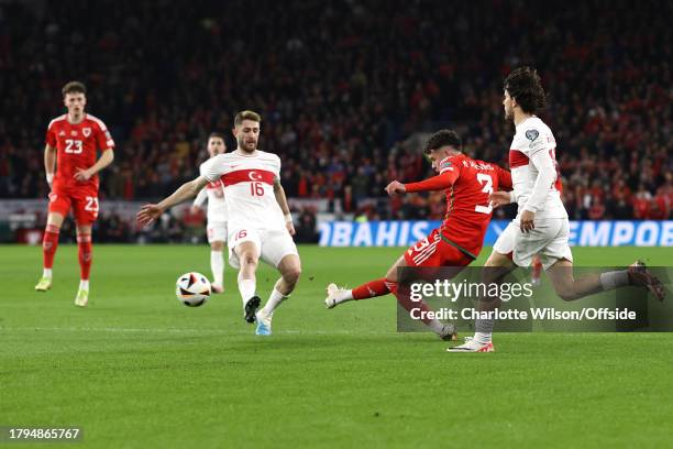 Neco Williams of Wales scores the opening goal during the UEFA EURO 2024 European qualifier match between Wales and Turkey at Cardiff City Stadium on...