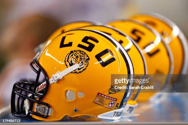 Tigers helmets are seen during a game against the TCU Horned Frogs at Cowboys Stadium on August 31, 2013 in Arlington, Texas.