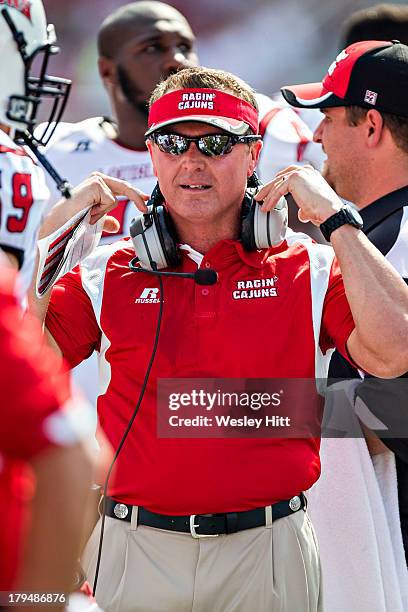 Head Coach Mark Hudspeth of the Louisiana-Lafayette Ragin Cajuns on the sidelines during a game against the Arkansas Razorbacks at Razorback Stadium...