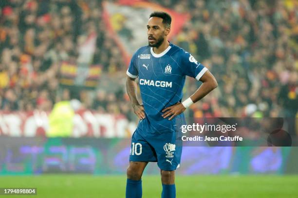 Pierre-Emerick Aubameyang of Marseille looks on during the Ligue 1 Uber Eats match between RC Lens and Olympique de Marseille at Stade...
