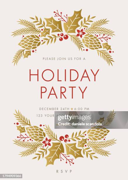 holiday party invitation with wreath. - black and gold pattern stock illustrations