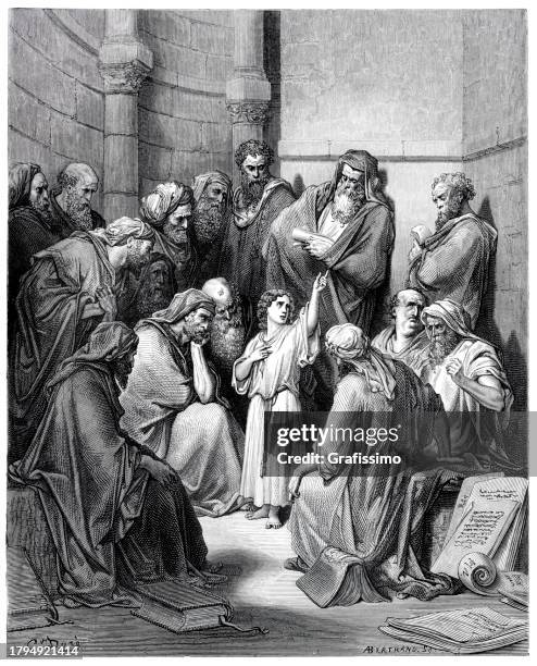 jesus christ 12 years old preaching in a temple speaking to doctors - jesus among doctors stock illustrations