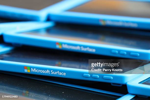 Detailed view of microsoft surface tablets prior to an NFL football game between the Green Bay Packers and the Pittsburgh Steelers at Acrisure...