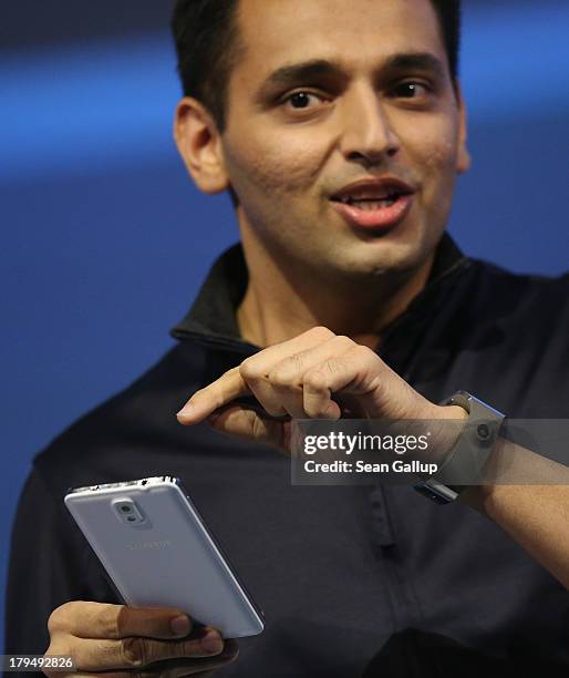 Pranav Mistry of Samsung America presents the new Samsung Galaxy Gear smart watch and Galaxy Note 3 at the Samsung Unpacked 2013 Episode 2 at...