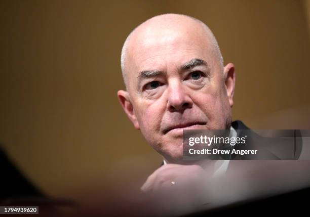 Secretary of Homeland Security Alejandro Mayorkas testifies during a House Homeland Security Committee hearing on Capitol Hill on November 15, 2023...