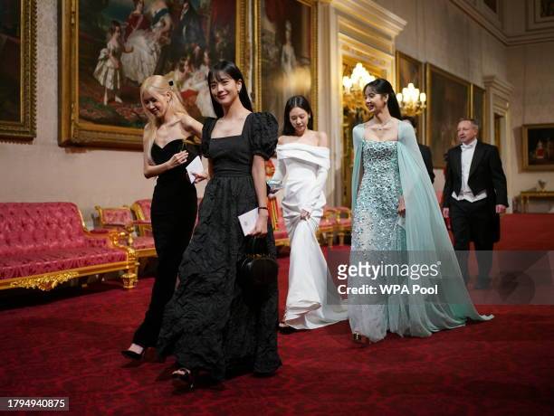 Jisoo, Jennie, Rosé and Lisa, members of South Korean girl band Blackpink attend the State Banquet at Buckingham Palace on November 21, 2023 in...