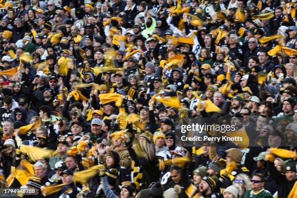 Pittsburgh Steelers fans cheer during an NFL football game against the Green Bay Packers at Acrisure Stadium on November 12, 2023 in Pittsburgh,...