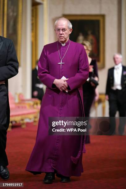 The Archbishop of Canterbury Justin Welby attends the State Banquet at Buckingham Palace on November 21, 2023 in London, England. King Charles is...