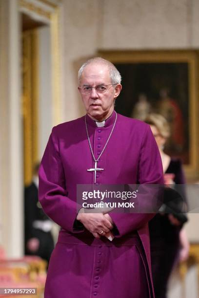 Archbishop of Canterbury Justin Welby arrives for a State Banquet at Buckingham Palace in central London on November 21 for South Korea's President...