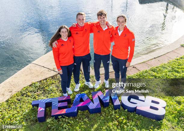 Paris 2024 Team GB Canoe Slalom Team Announcement group photo featuring left to right: Kimberley Woods, Joe Clarke, Adam Burgess and Mallory Franklin...