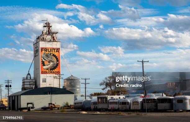 co op grain elevator with a dinosaur mural, fruita, colorado. - extinct stock pictures, royalty-free photos & images