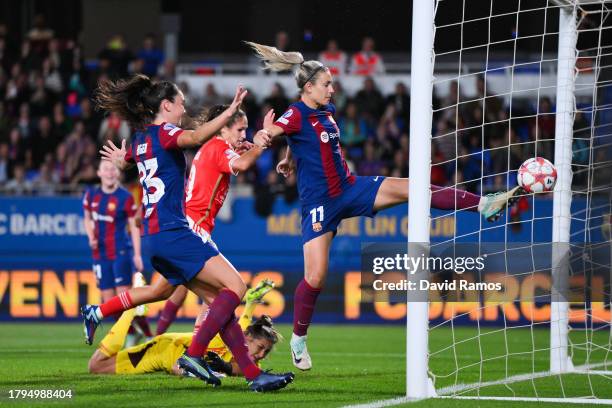 Alexia Putellas of FC Barcelona scores their team's second goal during the UEFA Women's Champions League group stage match between FC Barcelona and...