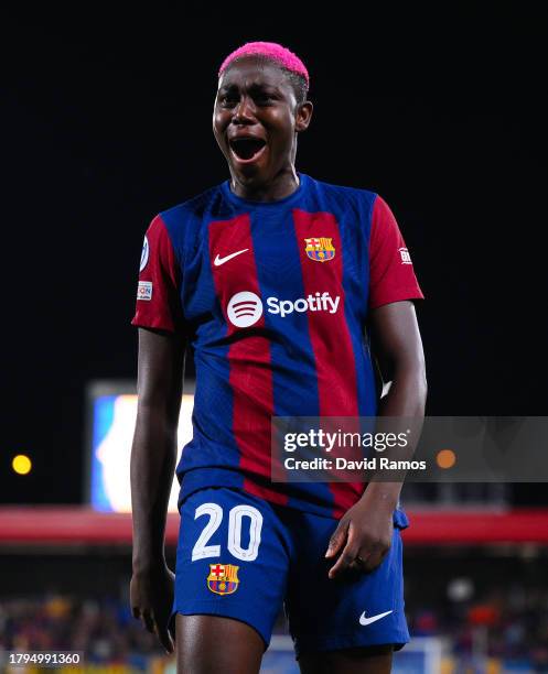 Asisat Oshoala of FC Barcelona celebrates after scoring the team's fifth goal during the UEFA Women's Champions League group stage match between FC...