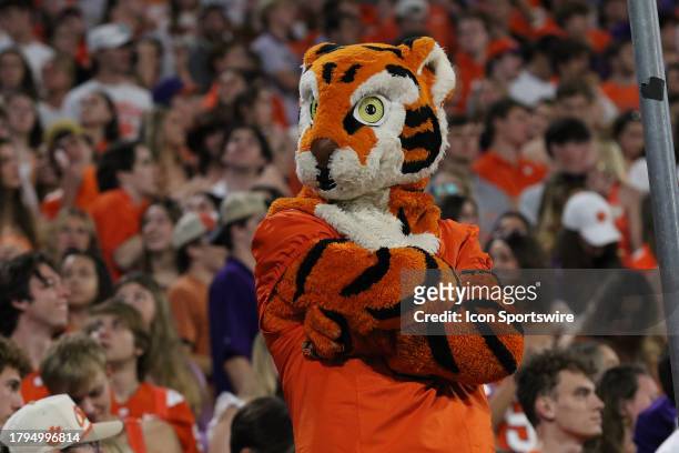 The Clemson mascot 'The Tiger' during a college football game between the North Carolina Tar Heels and the Clemson Tigers on November 18, 2023 at...