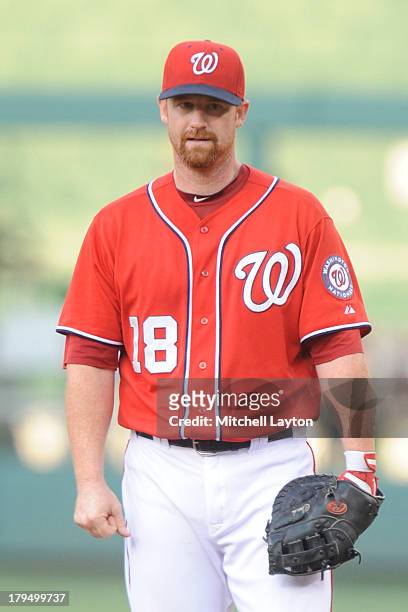 Chad Tracy of the Washington Nationals looks on during a baseball game against the Los Angeles Dodgers on July 20, 2013 at Nationals Park in...