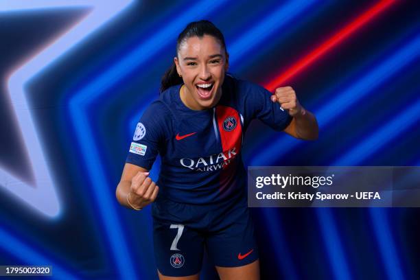 Sakina Karchaoui of Paris Saint-Germain poses for a portrait during the UEFA Women's Champions League Official Portraits shoot on November 08, 2023...