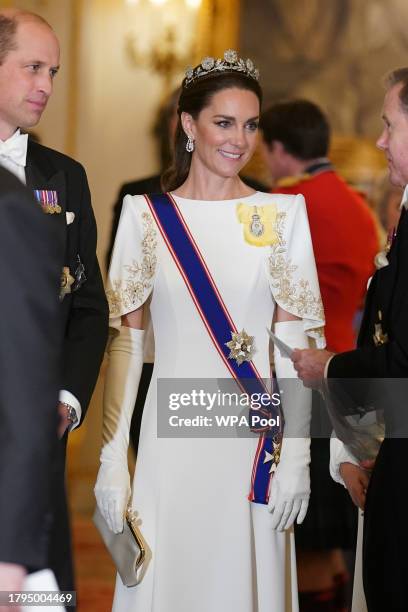 Prince William, Prince of Wales and Catherine, Princess of Wales attend the State Banquet at Buckingham Palace on November 21, 2023 in London,...