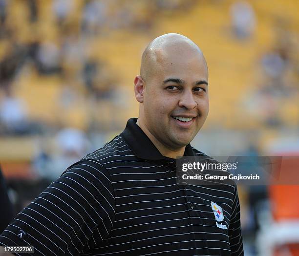 Director of Football & Business Operations Omar Khan of the Pittsburgh Steelers looks on from the sideline before a preseason game against the Kansas...