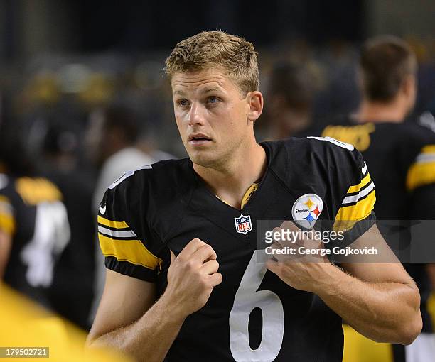Kicker Shaun Suisham of the Pittsburgh Steelers looks on from the sideline during a preseason game against the Kansas City Chiefs at Heinz Field on...