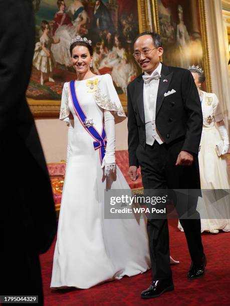 Catherine, Princess of Wales and Choo Kyung-ho Deputy Prime Minister of South Korea attend the State Banquet at Buckingham Palace with guests on...