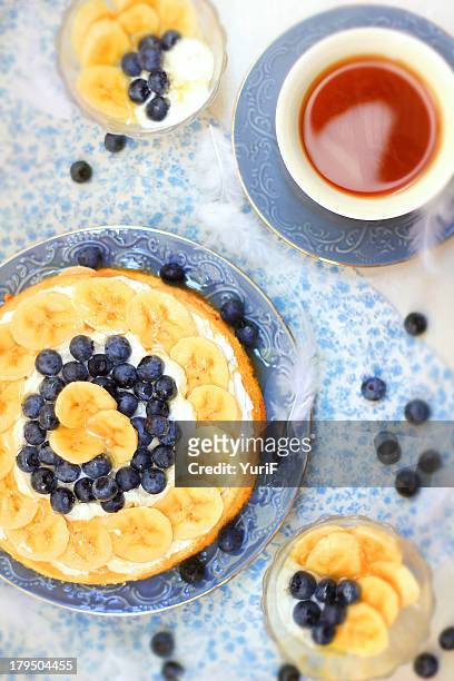 banana cake and tea. - cake from above stock pictures, royalty-free photos & images