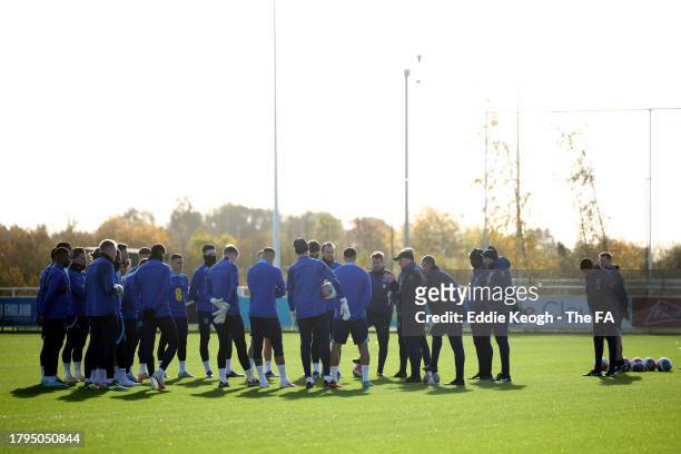 General view as Steve Holland, Assistant Head Coach of England, speaks with the players during an England Training Session at St George's Park on...