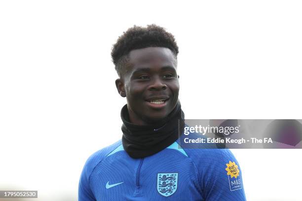 Bukayo Saka of England trains during an England Training Session at St George's Park on November 15, 2023 in Burton upon Trent, England.
