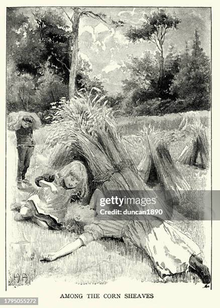 illustrations, cliparts, dessins animés et icônes de idylle rurale victorienne, enfants jouant parmi les gerbes de maïs, illustration de livre pour enfants victorien, 19ème siècle - gerbe de blé