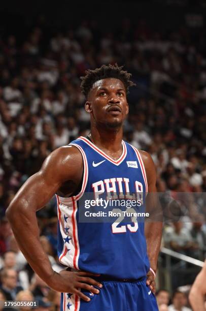 Jimmy Butler of the Philadelphia 76ers looks on against the Toronto Raptors during Game One of the Eastern Conference Semi-Finals of the 2019 NBA...