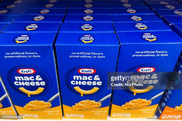 Kraft mac&amp;cheese packaging are seen at the grocery store in Las Vegas, United States on November 17, 2023.