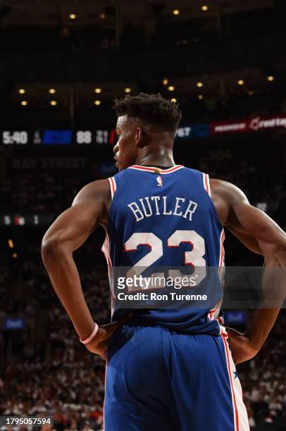 Jimmy Butler of the Philadelphia 76ers looks on against the Toronto Raptors during Game One of the Eastern Conference Semi-Finals of the 2019 NBA...