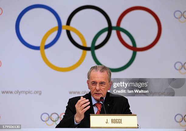 President Jacques Rogge speaks to the press during a IOC press conference at the 125th IOC Session at the Hilton Hotel on September 4, 2013 in Buenos...