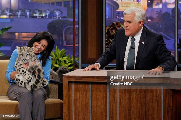 Episode 4518 -- Pictured: Busch Garden's animal expert Julie Scardina with a baby snow leopard during an interview with host Jay Leno on August 29,...