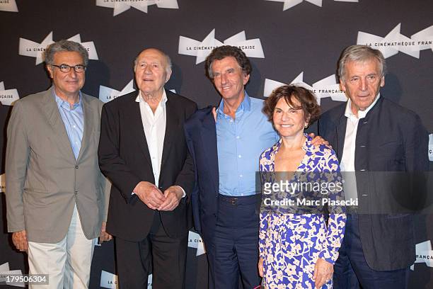 Serge Toubiana, Michel Piccoli, Jack Lang, Monique Lang and Costa-Gavras attend the 'Michel Piccoli retrospective exhibition' at la cinematheque on...