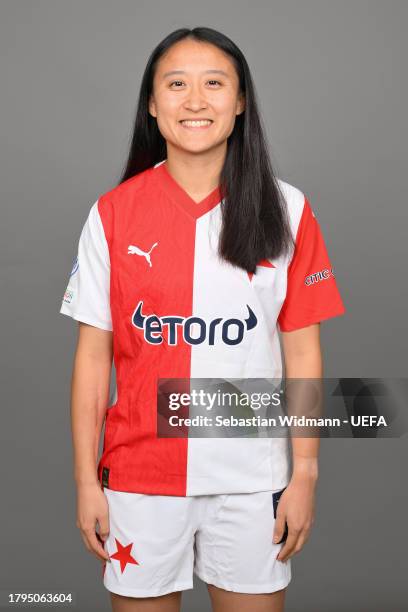 Michelle Xiangting Xiao of Slavia Praha poses for a portrait during the UEFA Women's Champions League Official Portraits shoot at Fortuna Arena on...